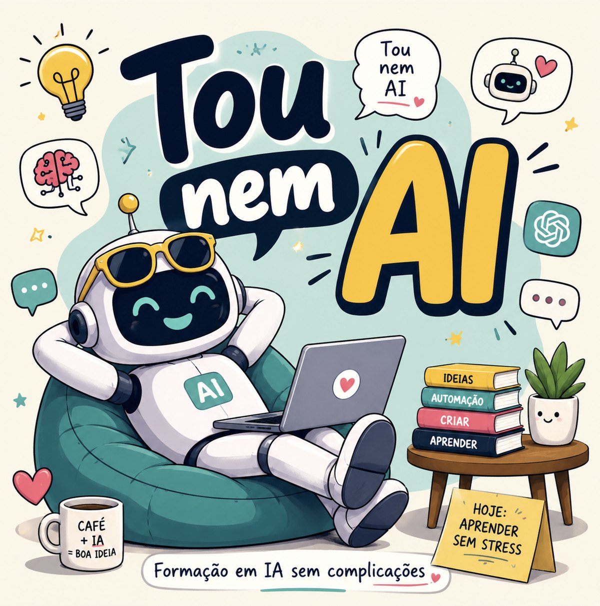 Mascote TOU NEM AI — robô descontraído a aprender IA
